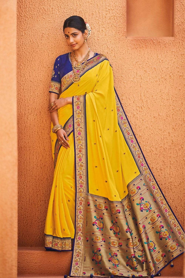 Yellow Blue Zari  Woven Paithani Silk Saree