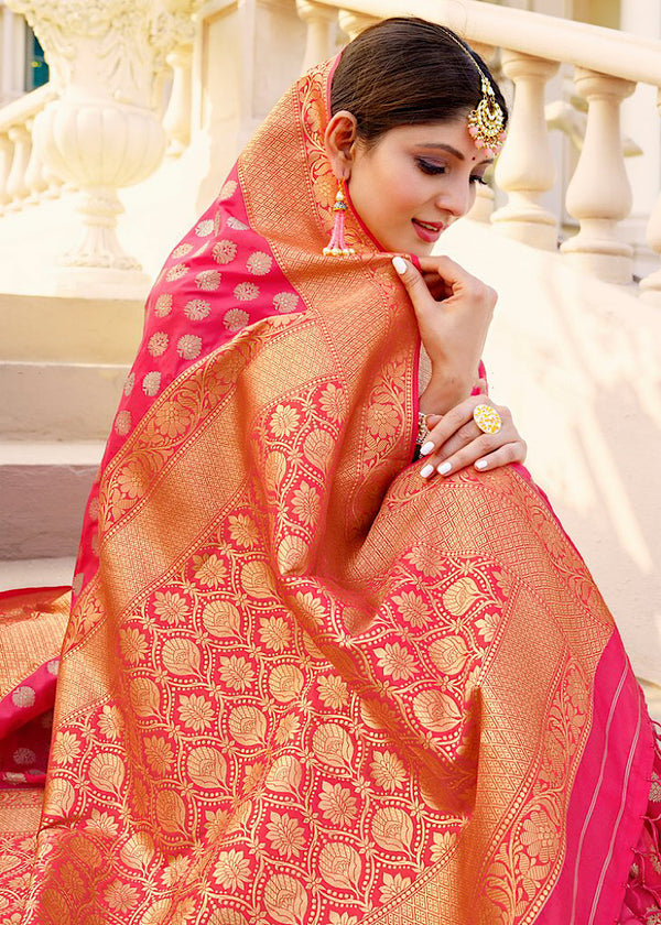 Strawberry Pink Zari Woven Banarasi Silk Saree