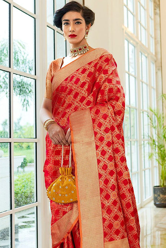 Red Patola Silk Saree With Antique Golden Border