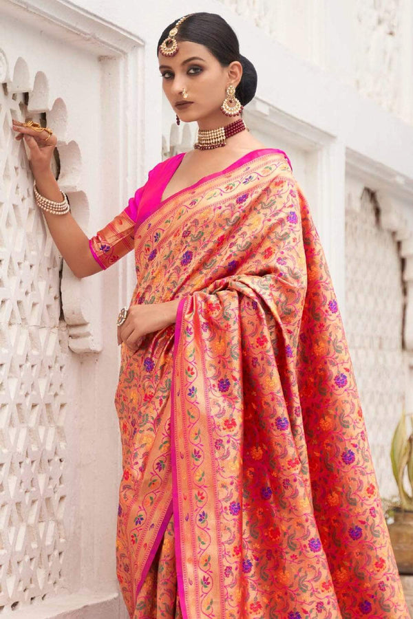 Cerise  Pink Gold Weaved Paithani Silk Saree