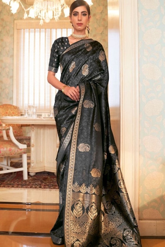 Midnight Black Zari Woven Jamewar Silk Saree