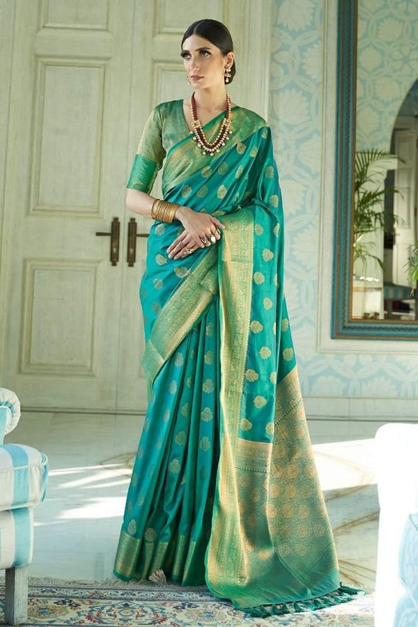 Turquoise Blue Zari Woven Banarasi saree