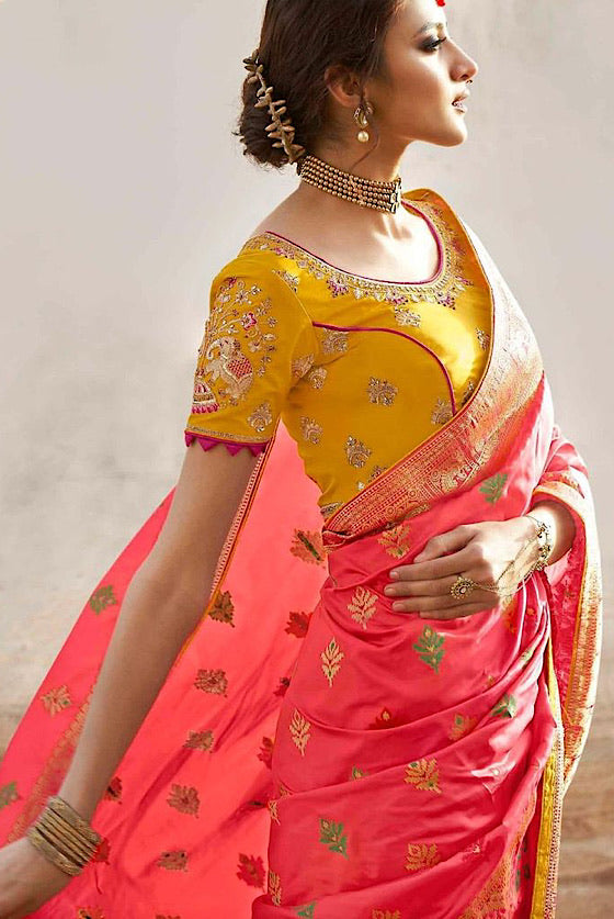 Brick Pink Zari Woven Banarasi Saree With Embroidered Blouse