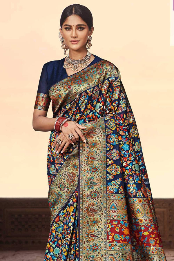 Space Blue Multicoloured Zari Woven Kashmiri Silk Saree