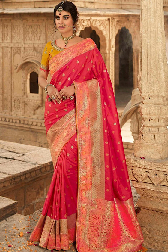 Pink Zari Woven Banarasi Saree With Embroidered Blouse