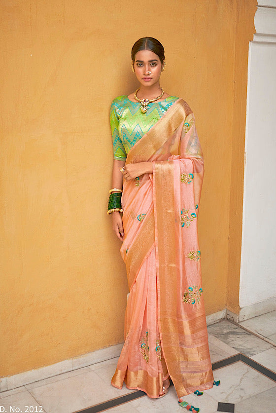 Peach Pink Tissue Silk Saree With Embroidery and Banarasi Blouse