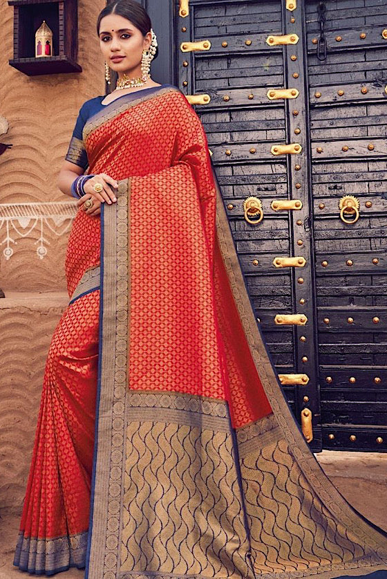 Blood Red With Blue Woven Kanjivaram Silk Saree