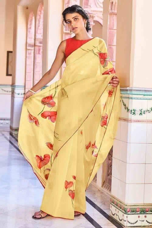 Sunshine Yellow Organza Floral Saree