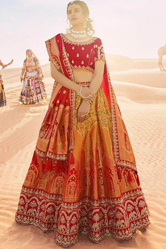 Orange Red Embroidered Banarasi Silk Lehenga Choli .