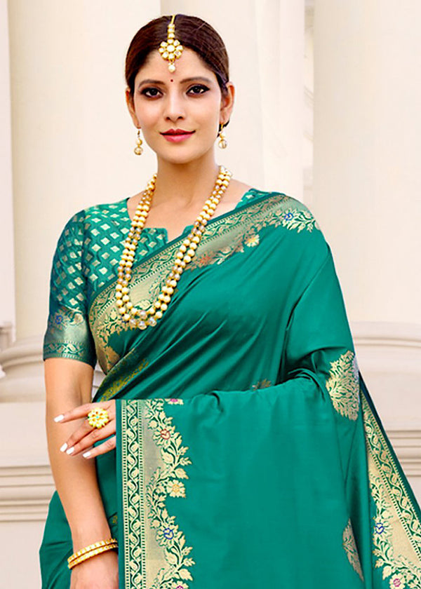 Pine Green Zari Woven Banarasi Silk Saree