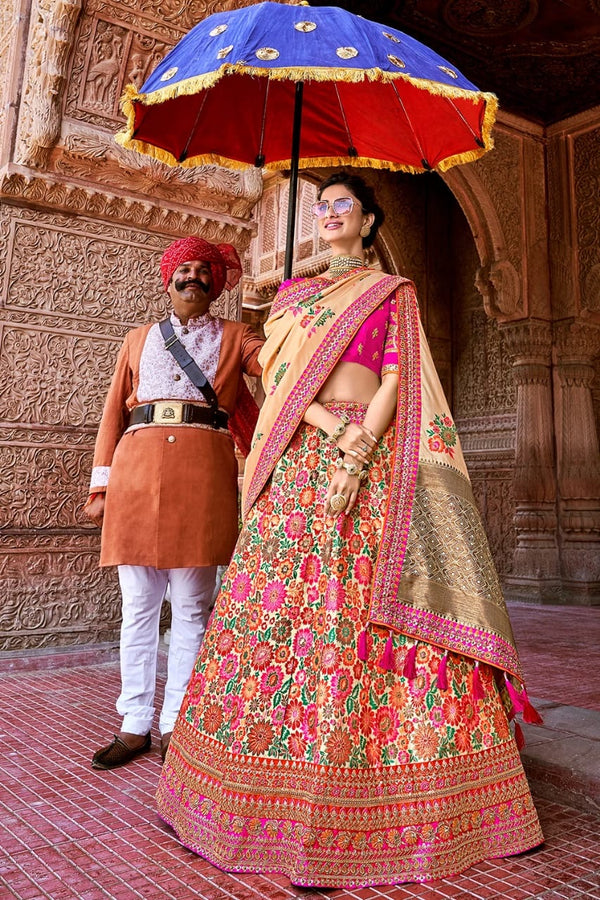 Hot Pink Banarasi Silk Embroidered Lehenga