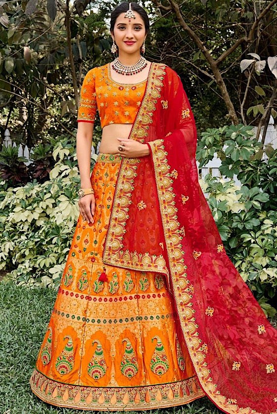 Orange Red Banarasi Silk Lehenga Choli