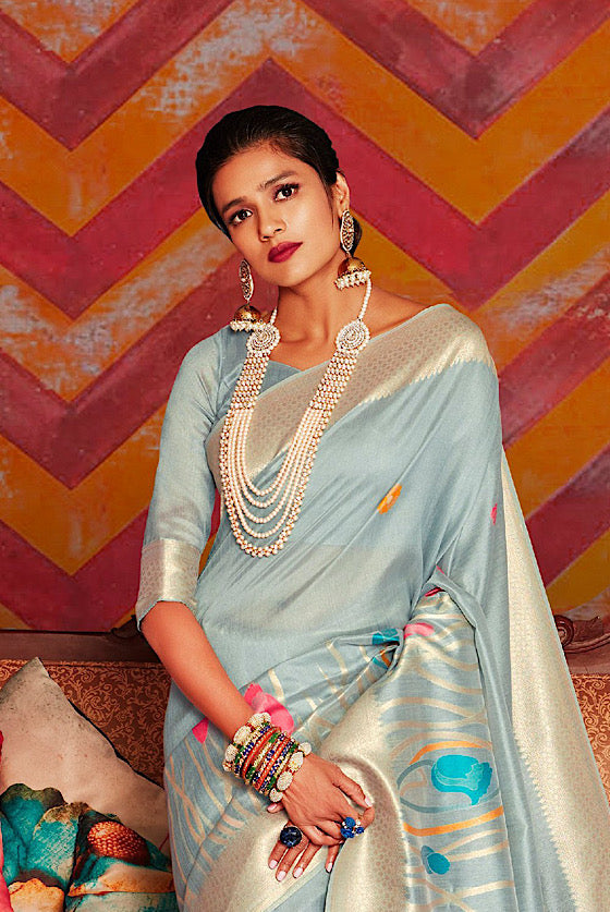 Bluish Grey Fancy Designer Banarasi Saree