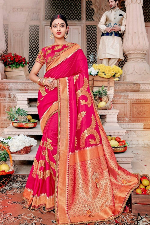 Hot Pink Banarasi Saree with Embroidered Blouse