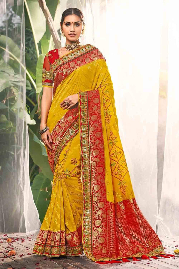 Mustard Red Banarasi Embroidered Blouse Silk Saree