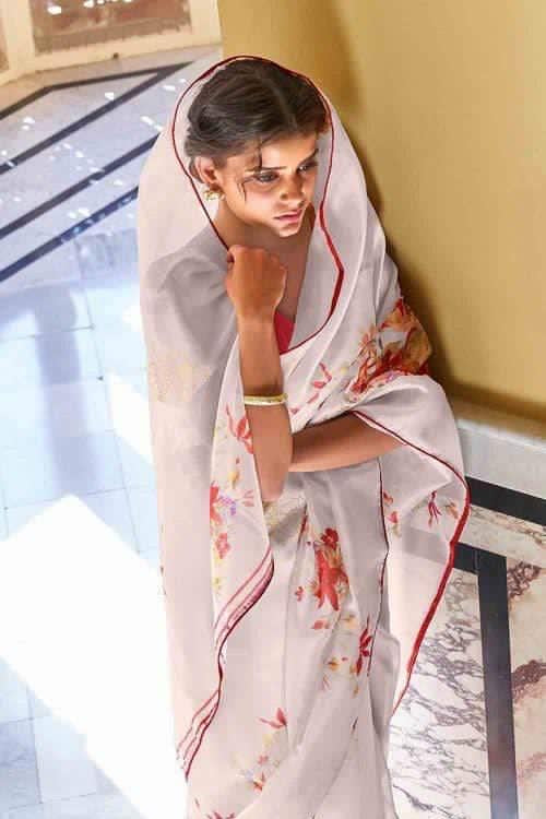 Light Grey Organza Floral Saree