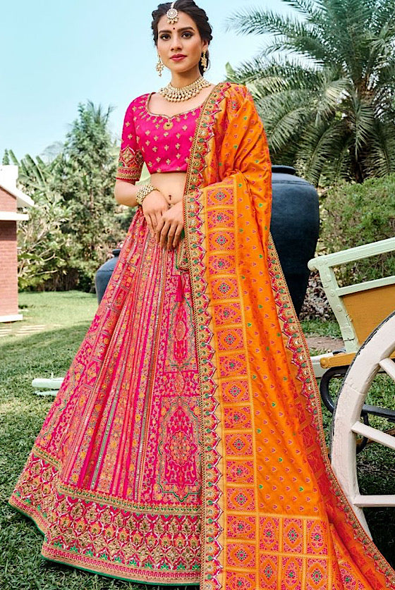 Pink & Orange Banarasi Silk Lehenga Choli