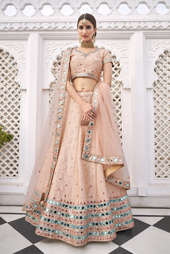 Peach Heavy Mirror Embroidered Lehenga With Dupatta .