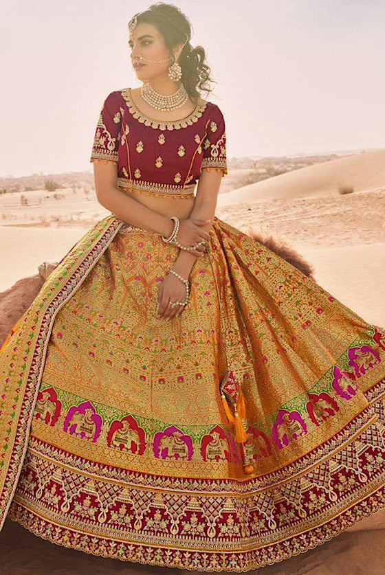 Mustard Yellow  Embroidered Banarasi Silk Lehenga Choli .