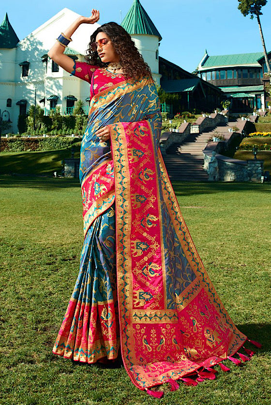 Blue Woven Silk Saree With Heavy Embroidery Blouse