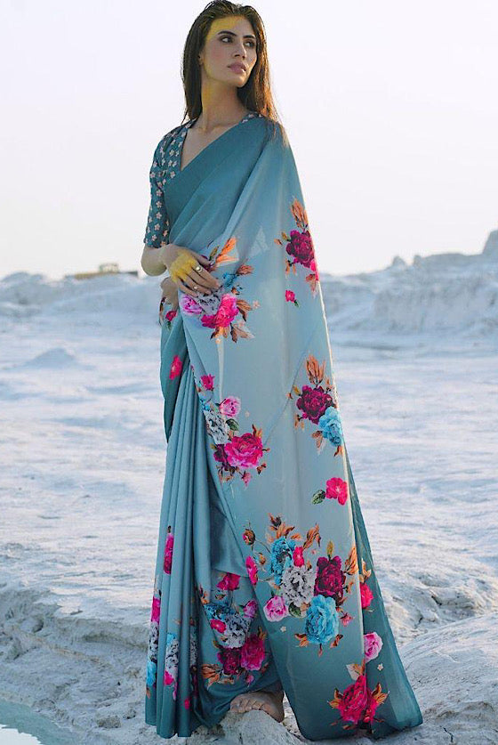 Turkish Blue Digital Print Crape Silk Saree