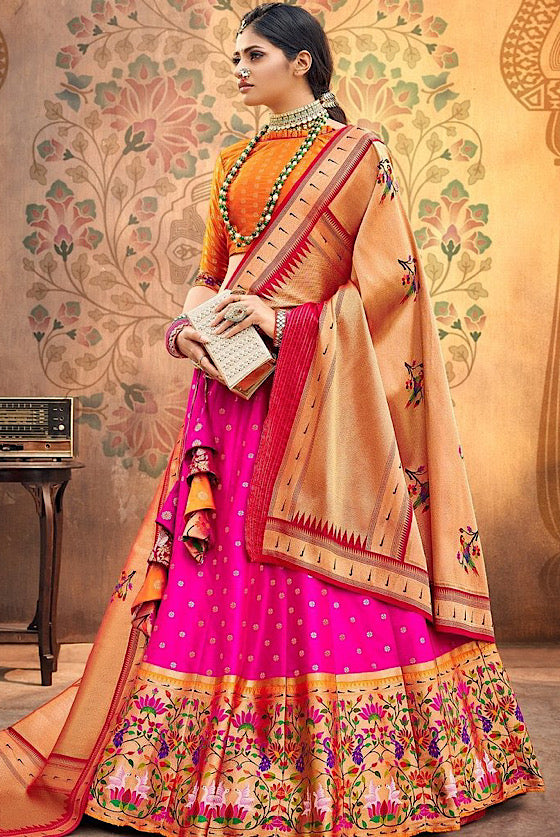 Hot Pink Paithani Silk Lehenga Choli With Paithani Dupatta