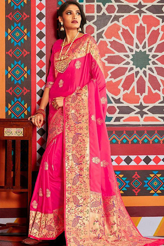 Rani Pink Woven Paithani Silk Saree