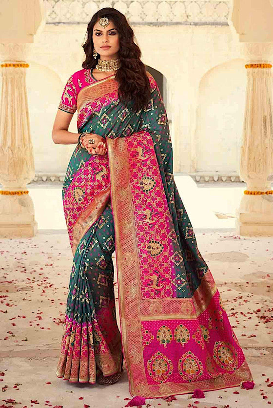 Pine Green Designer Banaras Zari Woven Silk Saree