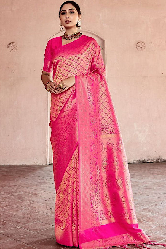 Hot Pink Kanjivaram Silk Saree With Swaroski Work