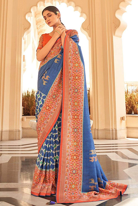 Blue Designer Printed Silk Saree