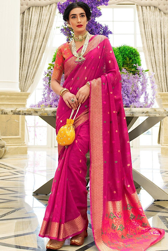 Hot Pink Woven Chanderi Patola Silk Saree With Zari Border