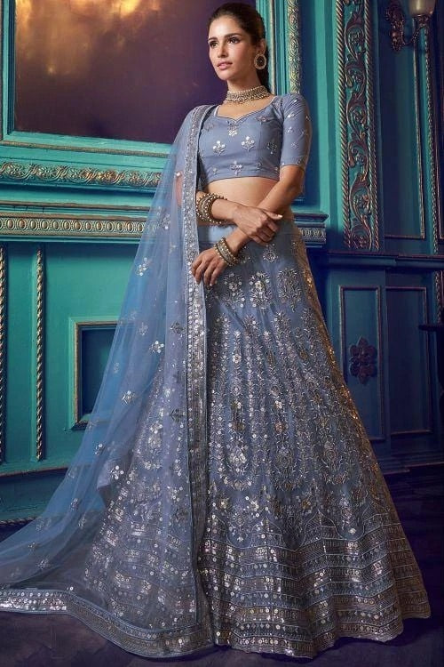 Blue Grey Soft Net Heavy Work Sequin Lehenga Choli