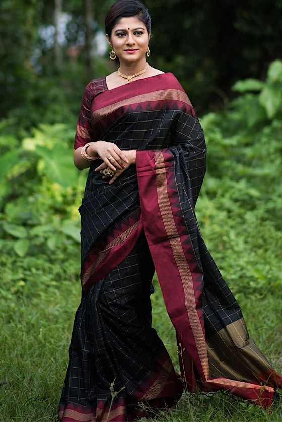 Midnight Black Raw Silk Saree With All Over Zari Checks