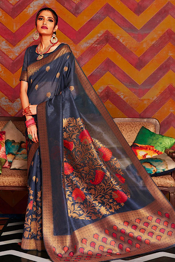 Navy Blue Fancy Designer Banarasi Saree