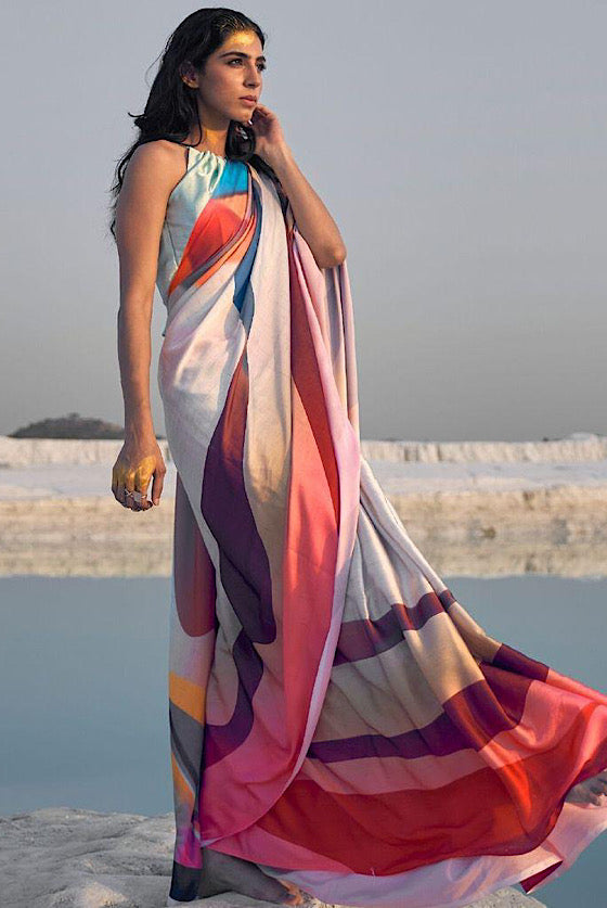 Multicolour Digital Print Crape Silk Saree