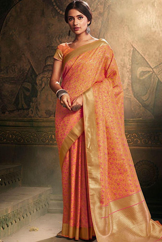 Coral Orange Zari Woven Banarasi Silk Saree