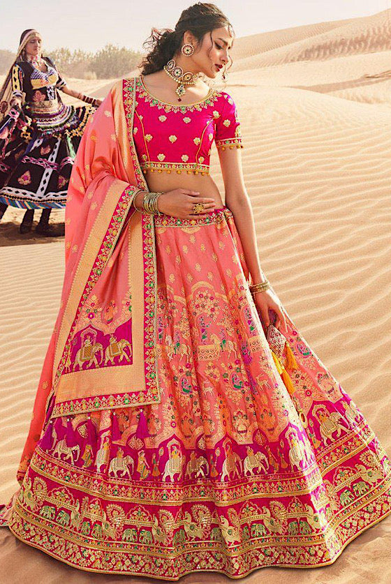 Peach Pink Embroidered Banarasi Silk Lehenga Choli .