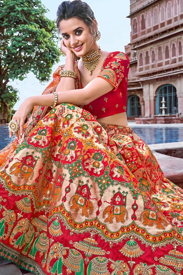 RED,ORANGE EMBROIDERED SILK LEHENGA WITH EMBROIDERED BLOUSE AND DUPATTA