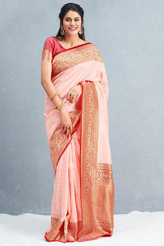 Light Pink Woven Banarasi Silk Saree