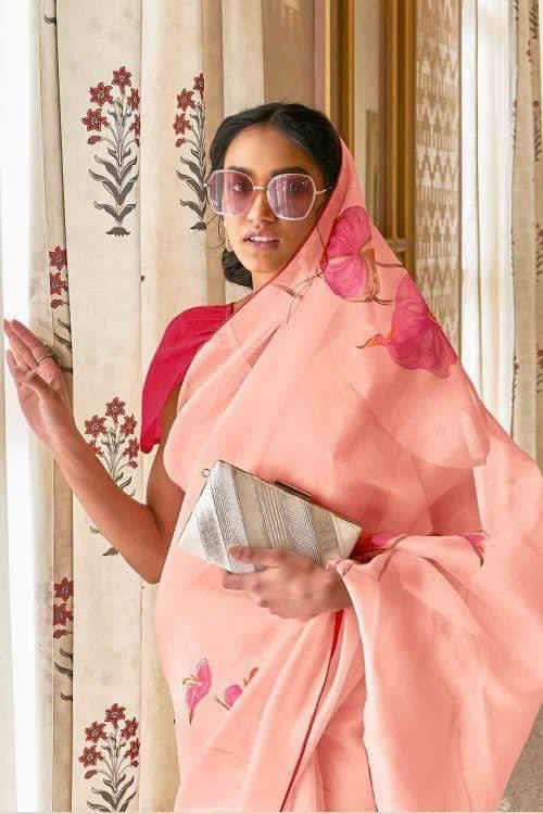 Peach Organza Floral Saree