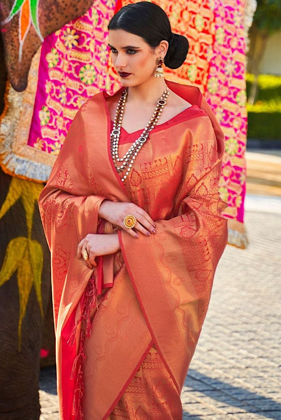 Cherry Red Zari Woven Kanjivaram Silk Saree