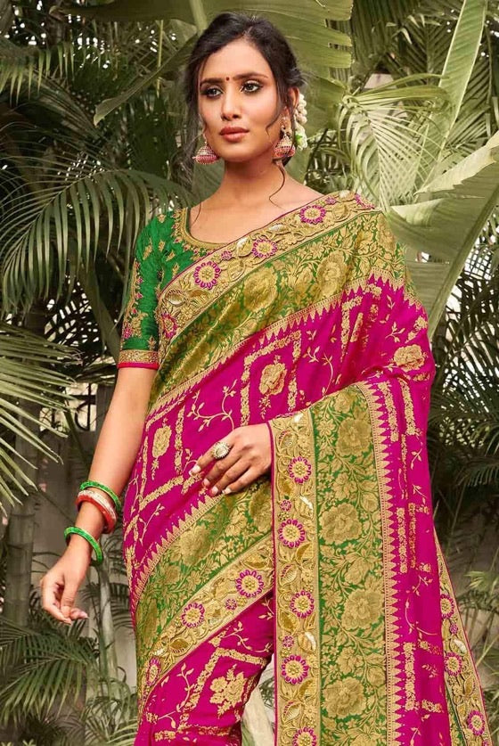 Pink Green Banarasi Embroidered Blouse Silk Saree