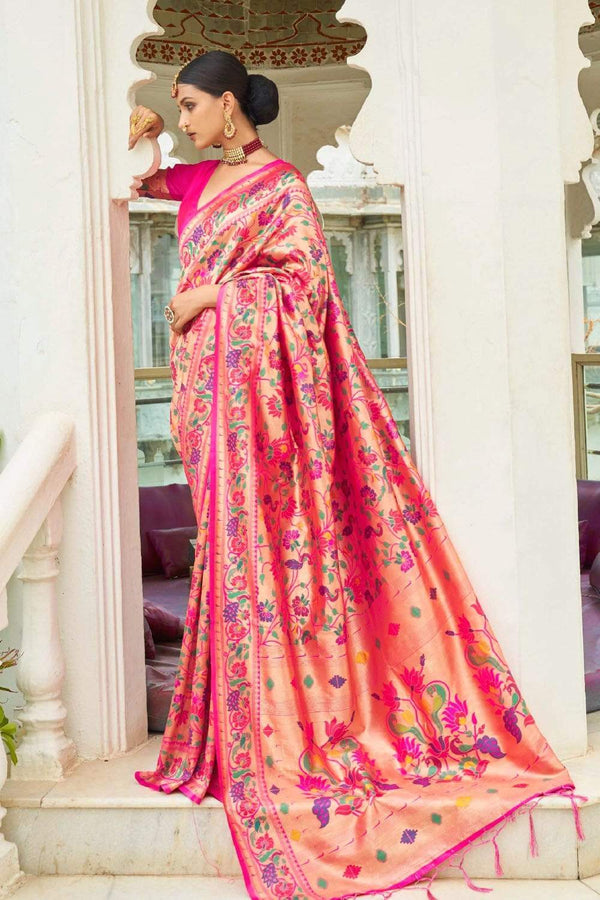 Rose Pink Gold Weaved Paithani Silk Saree