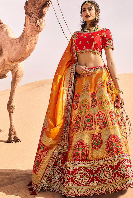 Orange Yellow Embroidered Banarasi Silk Lehenga Choli .