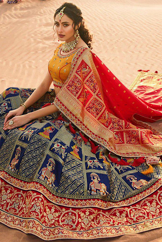 Indigo Blue Embroidered Banarasi Silk Lehenga Choli .