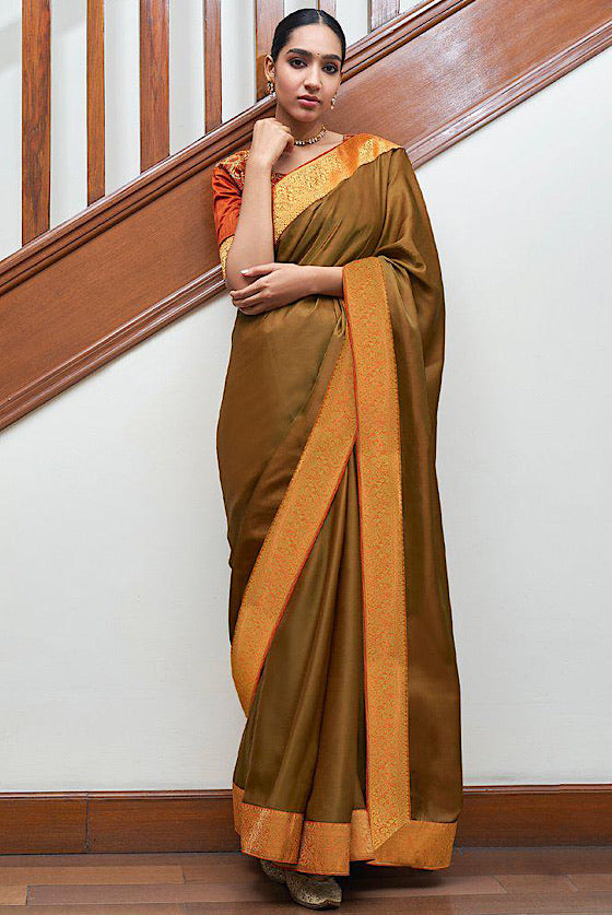 Mocha Brown Banarasi Silk Saree With Embroidered Brocade Blouse