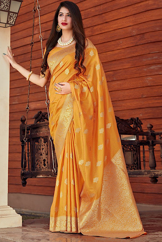 Golden Yellow Woven Banarasi Silk Saree