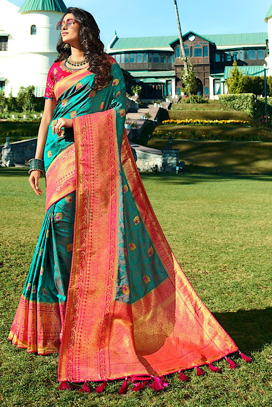 Peacock Blue Woven Silk Saree With Heavy Embroidery Blouse