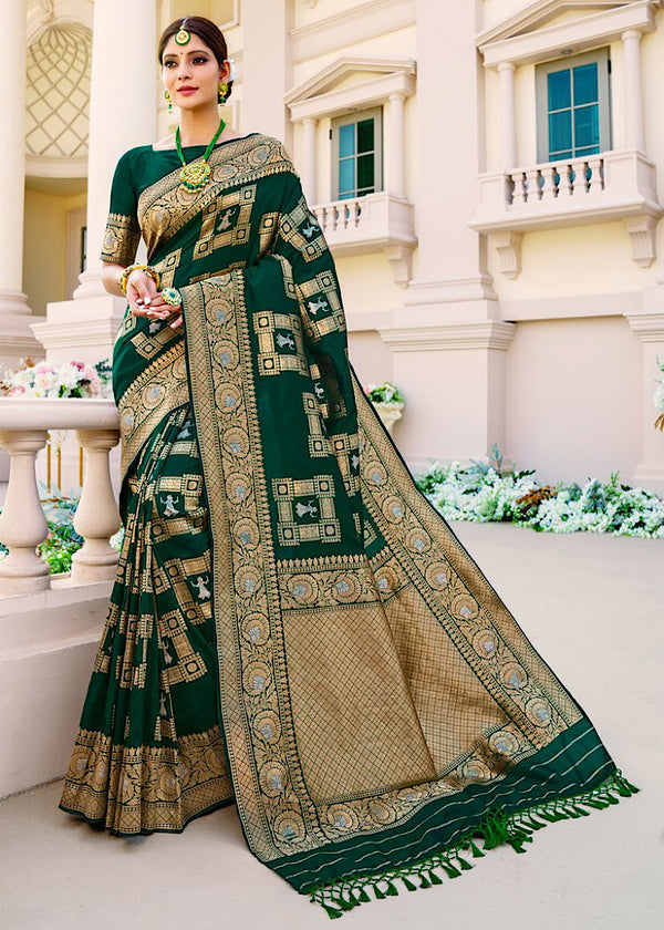 Bottle Green Zari Woven Banarasi Silk Saree