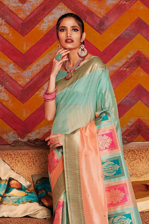 Sky blue and melon orange woven Chanderi - banarasi fusion saree